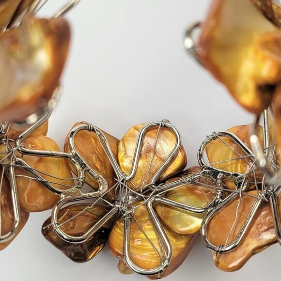 Orange Adjustable Cuff Bracelet with with Dyed Shell Petals & Pearls Bangle - Picture 6 of 16